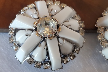 rhinestone and milk glass clip earrings detail