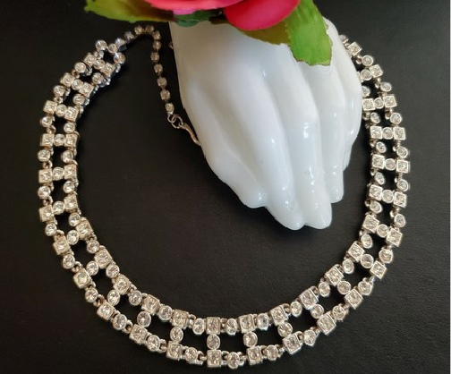 silver-tone chocker necklace with two rows of clear rhinestones